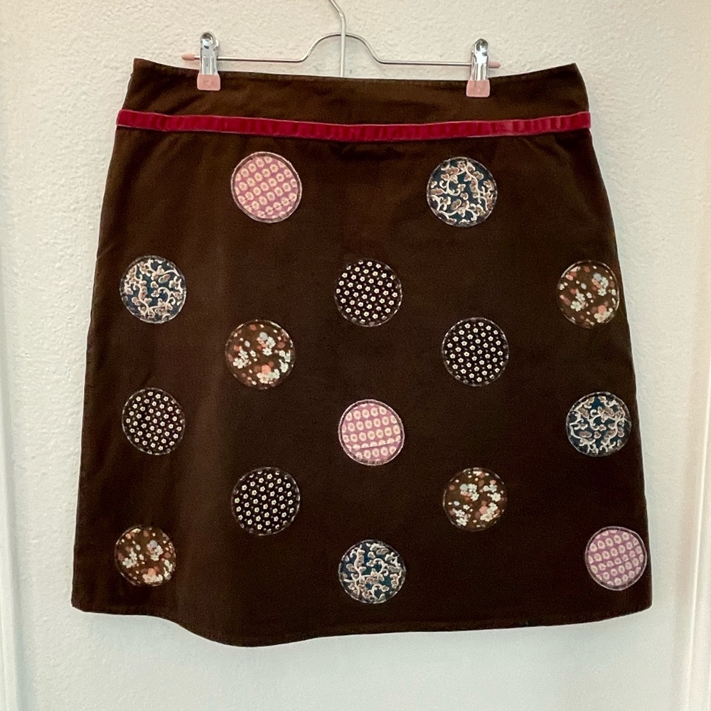 Boden Chic A-Line Brown Skirt with Colorful Circle Accents